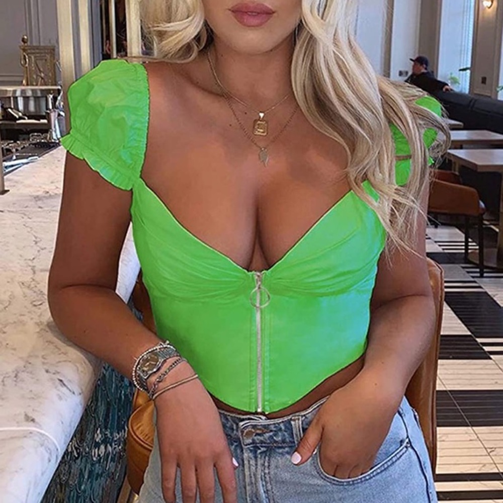 Green corset zip up crop top sweetheart neckline